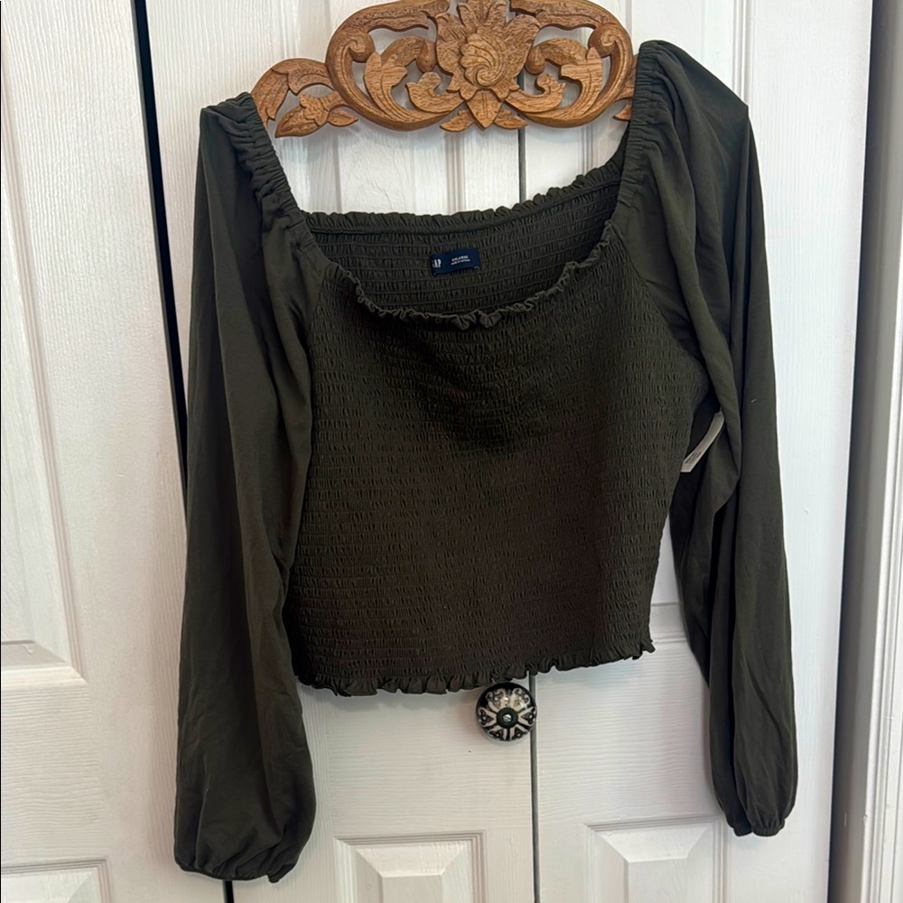 GAP Olive/Army Green Smocked Puff Sleeve Crop Top